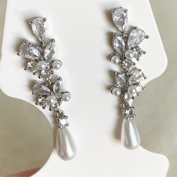 Pearl Diamond Silver Dangle Drop Earrings Bridal Wedding Bridesmaid New - Picture 3 of 7